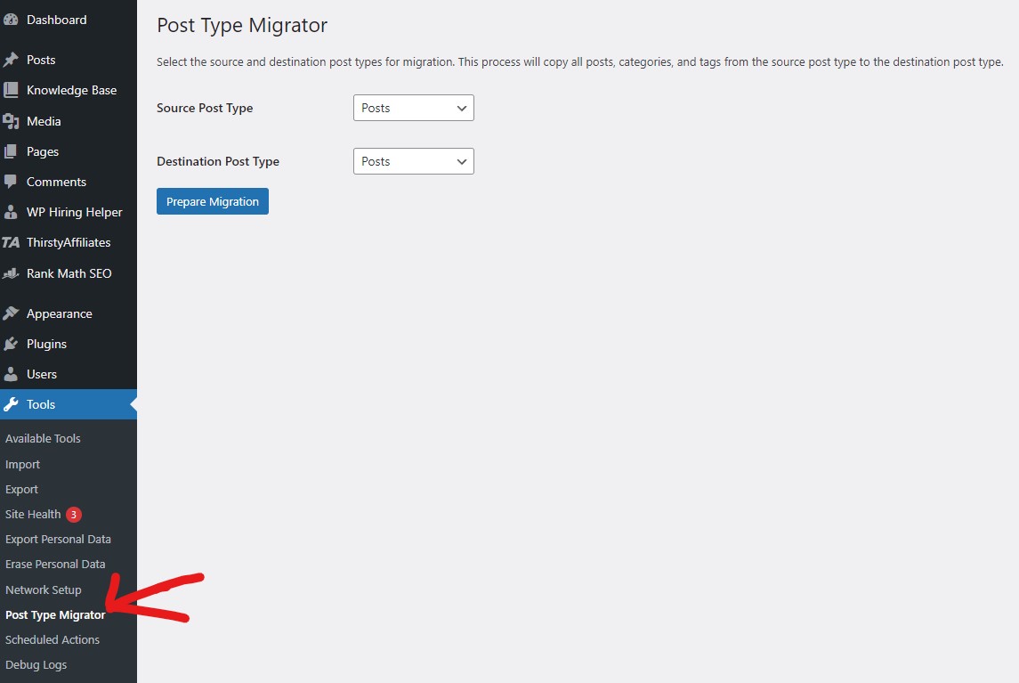 Post Type Migrator Tools Menu