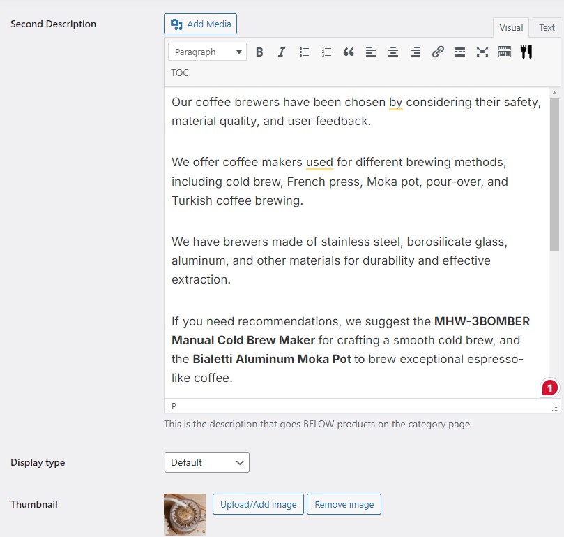 Second Category Description Backend